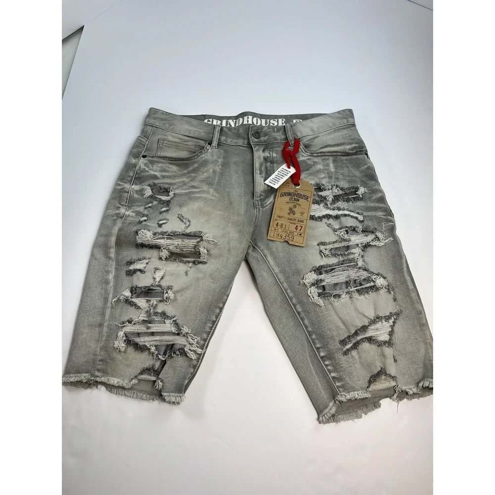 Grindhouse Denim Jean Shorts Men's Size 32 Gray Wash Distressed Bermuda NEW